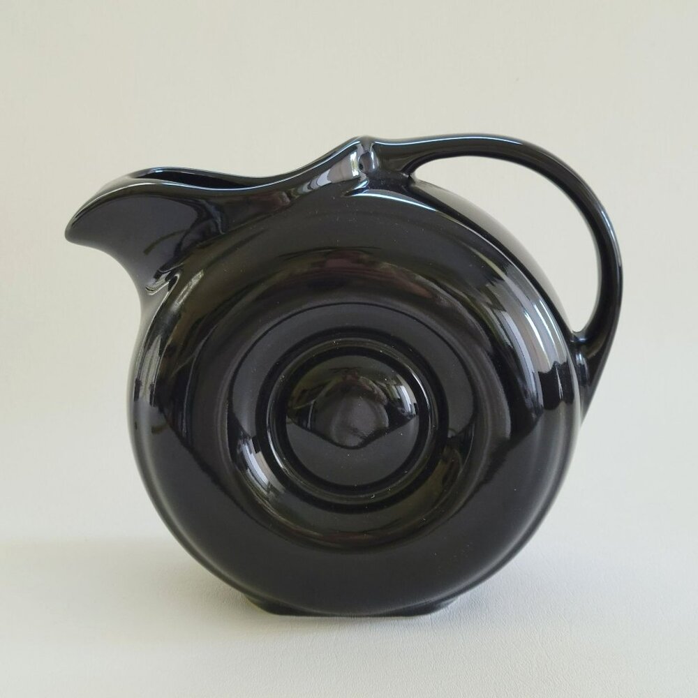 Vintage Black Art Deco Ceramic Water Pitcher, Embossed Circle Design, Retro MCM